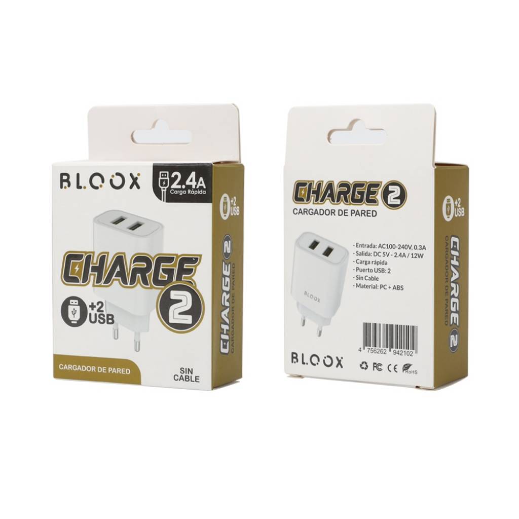 Cargador BLOOX 2.4A 2 USB Sin Cable
