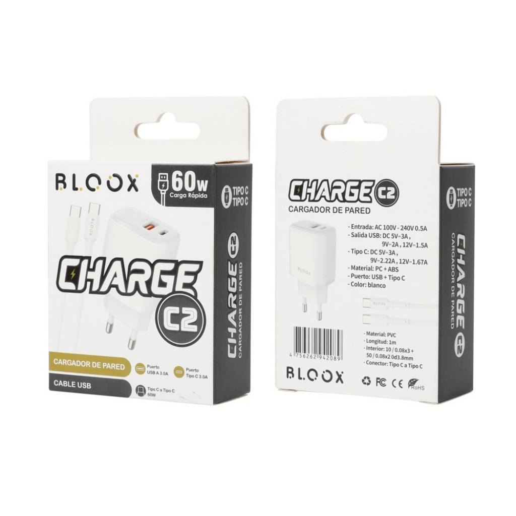 Cargador Bloox Charge C2 (USB y USB C, CON cable)