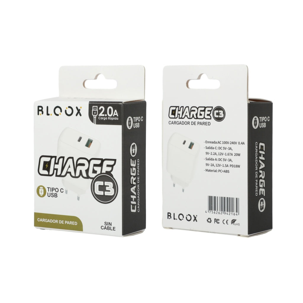 Cargador Bloox Charge C (USB y USB C, SIN cable)