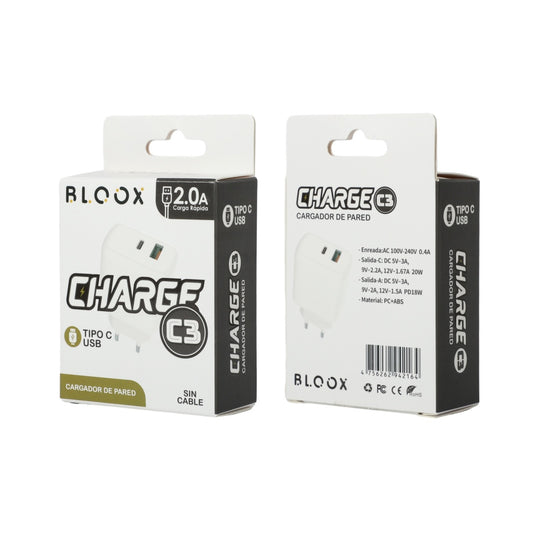 Cargador Bloox Charge C (USB y USB C, SIN cable)