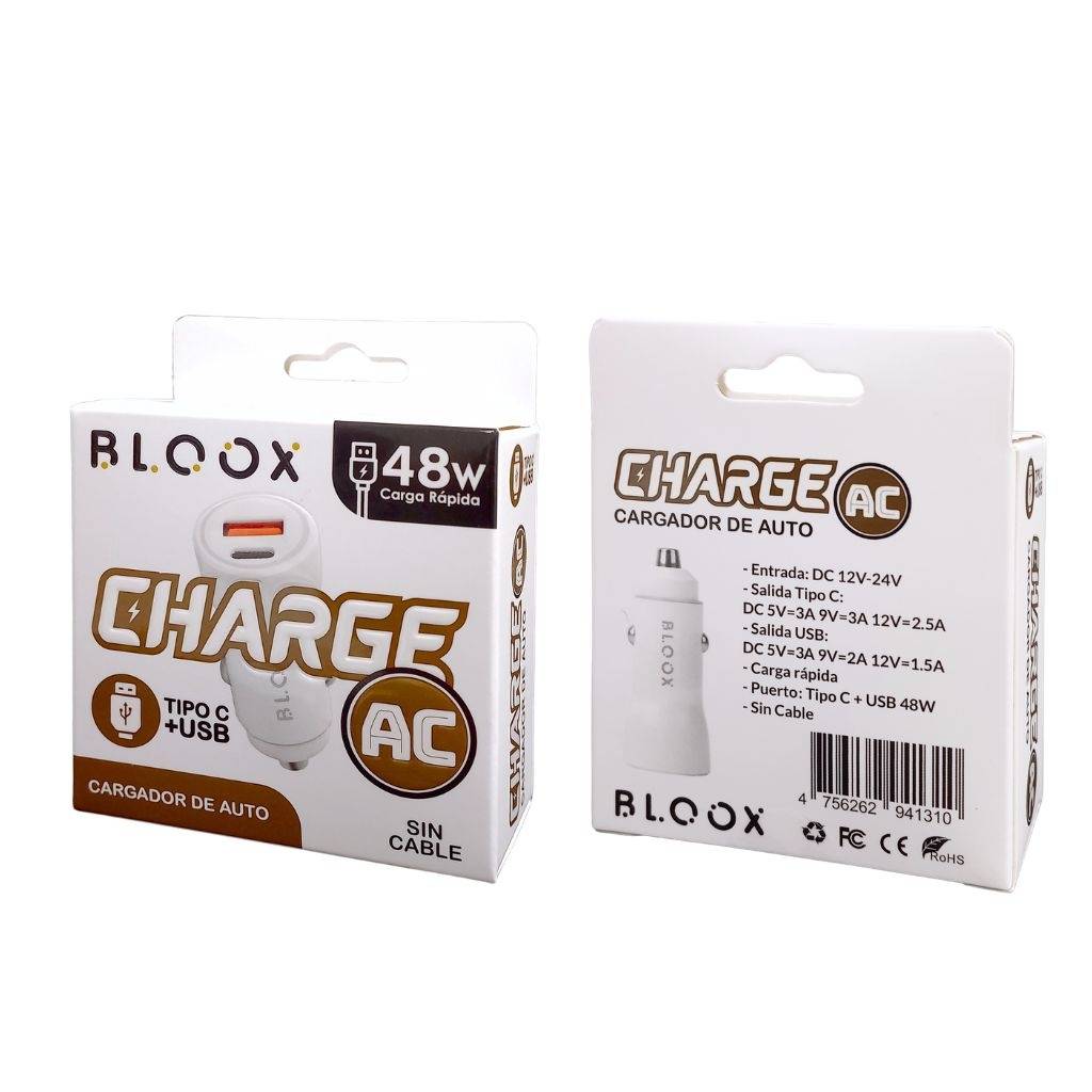 Cargador Para Auto Bloox Charge AC (USB y USB C, SIN cable)
